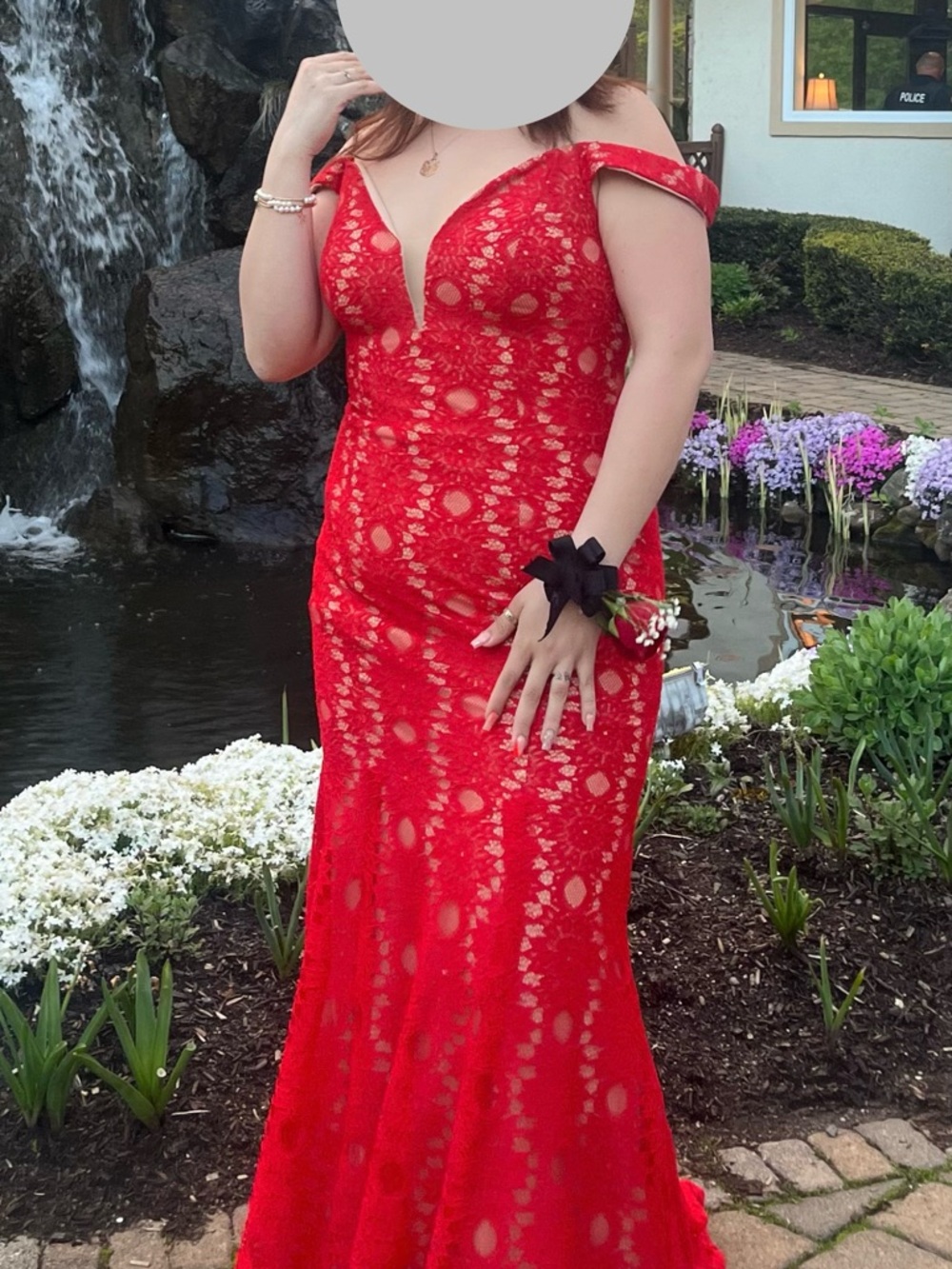 Off-Shoulder Red Lace Prom Gown with Plunging V-Neck